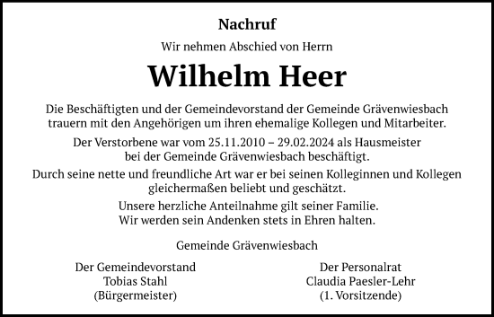 Traueranzeige von Wilhelm Heer von Usinger Anzeiger