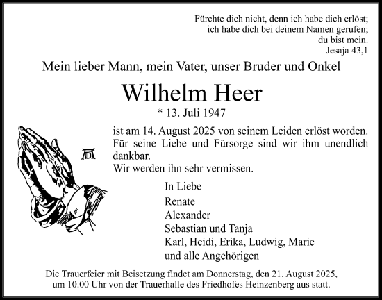 Traueranzeige von Wilhelm Heer von Usinger Anzeiger