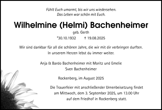 Traueranzeige von Wilhelmine Bachenheimer von Wetterauer Zeitung