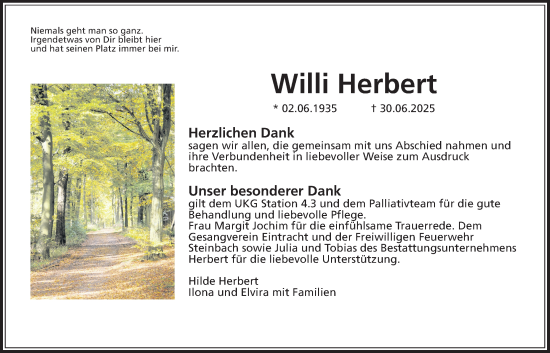 Traueranzeige von Willi Herbert von Giessener Anzeiger, Giessener Allgemeine, Alsfelder Allgemeine
