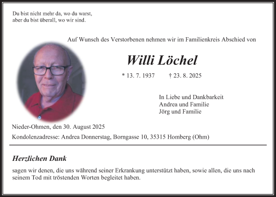 Traueranzeige von Willi Löchel von Giessener Allgemeine, Alsfelder Allgemeine