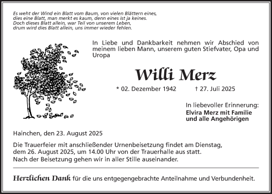 Traueranzeige von Willi Merz von Usinger Anzeigenblatt, Kreis-Anzeiger