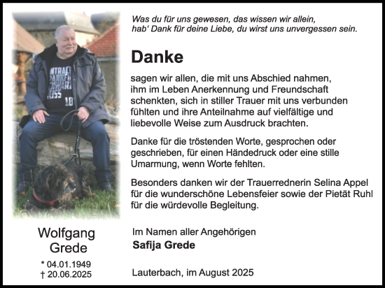 Traueranzeige von Wolfgang Grede von Lauterbacher Anzeiger