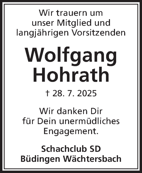 Traueranzeige von Wolfgang Hohrath von Kreis-Anzeiger