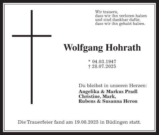 Traueranzeige von Wolfgang Hohrath von Kreis-Anzeiger