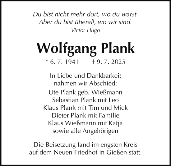 Traueranzeige von Wolfgang Plank von Giessener Allgemeine, Alsfelder Allgemeine