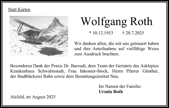 Traueranzeige von Wolfgang Roth von Oberhessische Zeitung