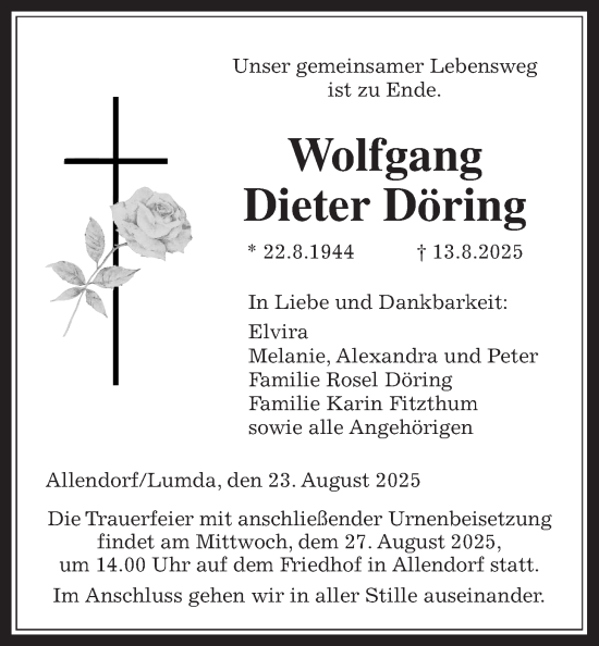 Traueranzeige von Wolfgang Dieter Döring von Giessener Allgemeine, Alsfelder Allgemeine