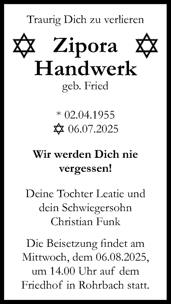 Traueranzeige von Zipora Handwerk 