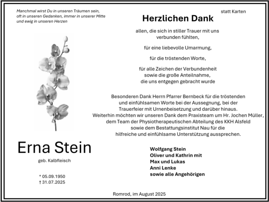 Traueranzeige von Erna Stein von Oberhessische Zeitung