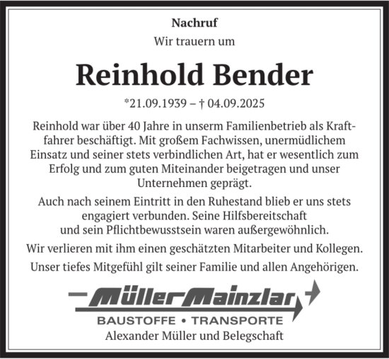 Traueranzeige von Reinhold Bender von Giessener Anzeiger