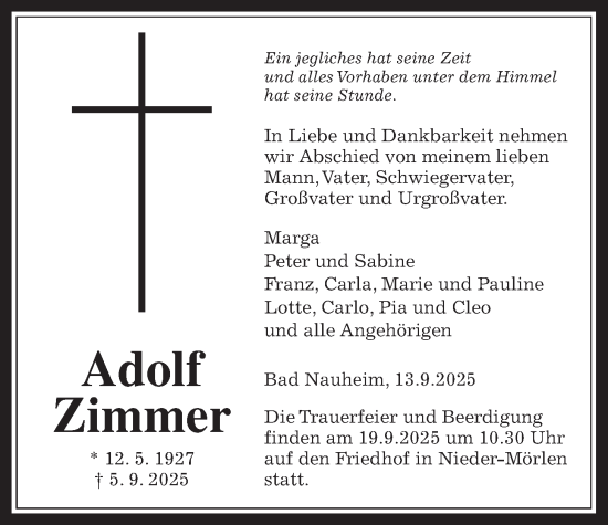 Traueranzeige von Adolf Zimmer von Wetterauer Zeitung