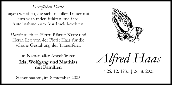 Traueranzeige von Alfred Haas von Kreis-Anzeiger