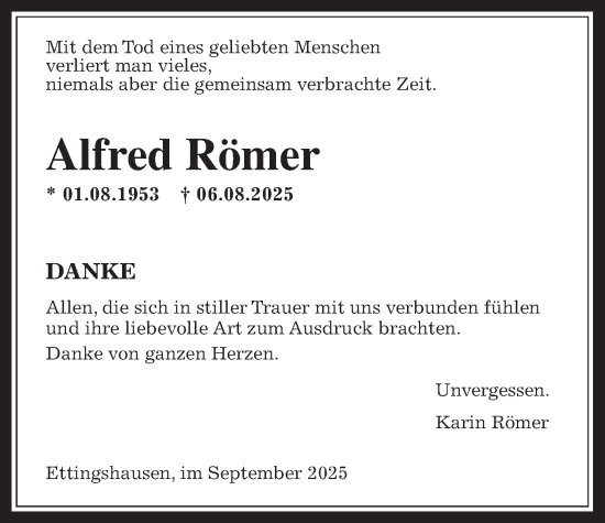 Traueranzeige von Alfred Römer von Licher Wochenblatt