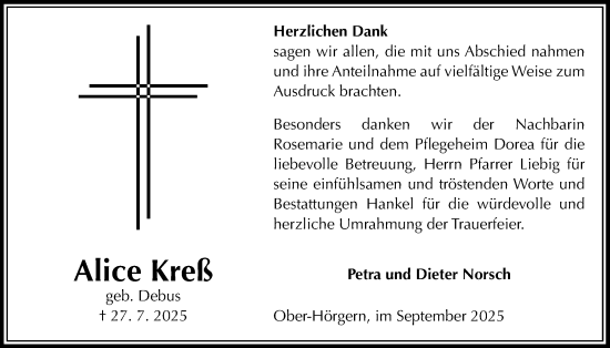 Traueranzeige von Alice Kreß von Licher Wochenblatt