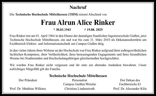 Traueranzeige von Alrun Alice Rinker von Giessener Allgemeine, Alsfelder Allgemeine, Giessener Anzeiger