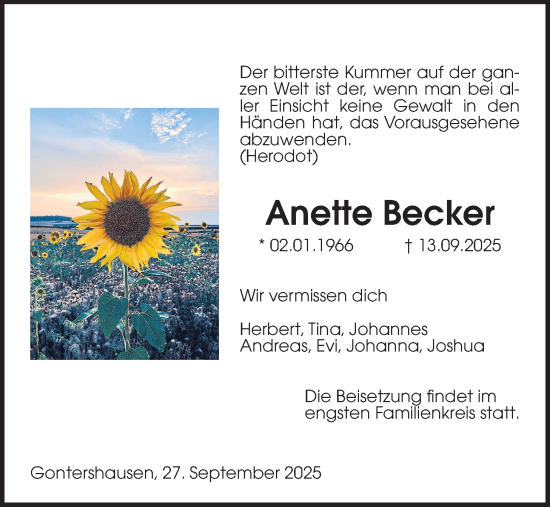 Traueranzeige von Anette Becker von Alsfelder Allgemeine, Oberhessische Zeitung