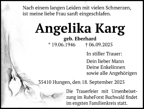 Traueranzeige von Angelika Karg von Licher Wochenblatt