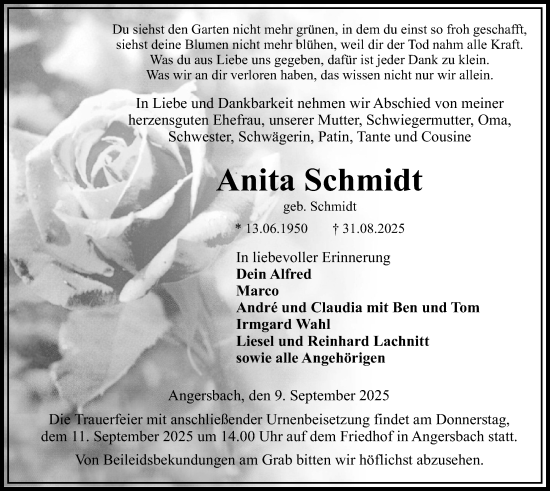 Traueranzeige von Anita Schmidt von Lauterbacher Anzeiger