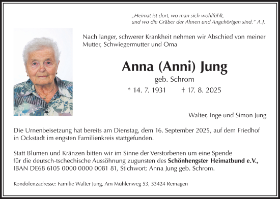 Traueranzeige von Anna Jung von Wetterauer Zeitung