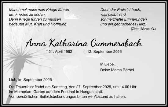 Traueranzeige von Anna Katharina Gummersbach von Licher Wochenblatt