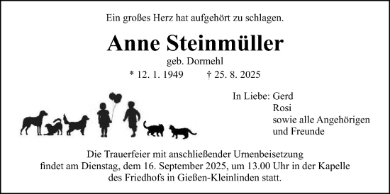 Traueranzeige von Anne Steinmüller von Giessener Anzeiger, Giessener Allgemeine, Alsfelder Allgemeine
