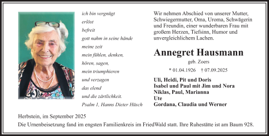 Traueranzeige von Annegret Hausmann von Lauterbacher Anzeiger, 