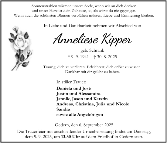 Traueranzeige von Anneliese Kipper von Kreis-Anzeiger