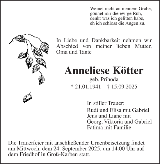 Traueranzeige von Anneliese Kötter von Wetterauer Zeitung