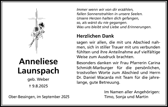 Traueranzeige von Anneliese Launspach von Licher Wochenblatt