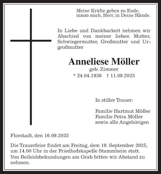 Traueranzeige von Anneliese Möller von Wetterauer Zeitung