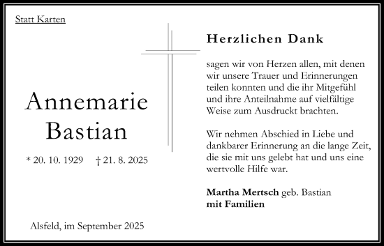 Traueranzeige von Annemarie Bastian von Oberhessische Zeitung