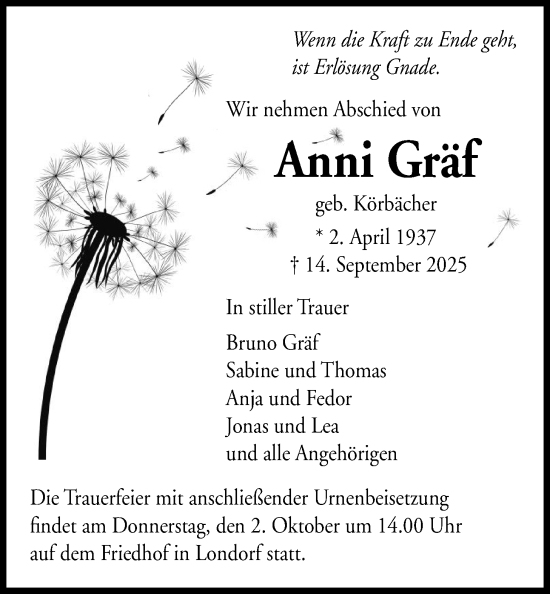 Traueranzeige von Anni Gräf von Giessener Allgemeine, Alsfelder Allgemeine