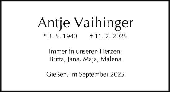 Traueranzeige von Antje Vaihinger von Giessener Anzeiger, Giessener Allgemeine, Alsfelder Allgemeine