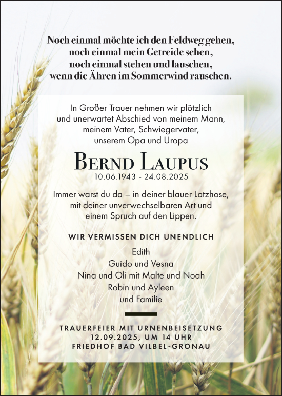 Traueranzeige von Bernd Laupus von Bad Vilbel/Karben, Wetterauer Zeitung