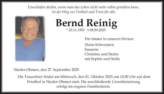 Traueranzeige von Bernd Reinig von Giessener Allgemeine, Alsfelder Allgemeine