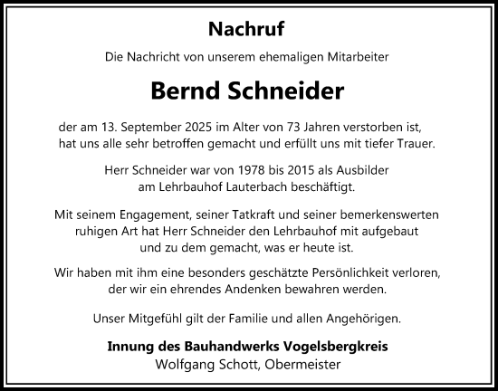 Traueranzeige von Bernd Schneider von Lauterbacher Anzeiger