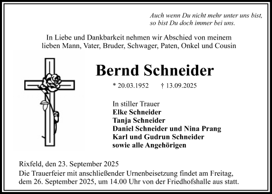 Traueranzeige von Bernd Schneider von Lauterbacher Anzeiger