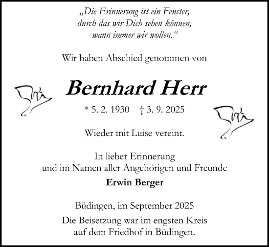 Traueranzeige von Bernhard Herr von Kreis-Anzeiger