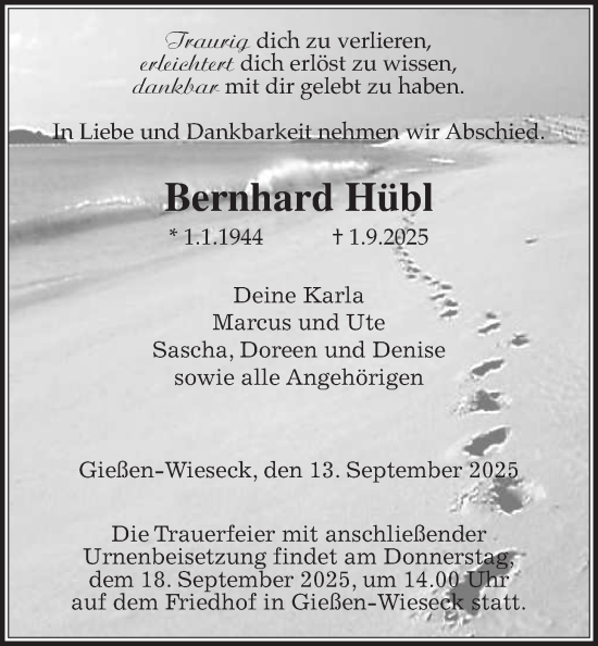 Traueranzeige von Bernhard Hübl von Giessener Anzeiger, Giessener Allgemeine, Alsfelder Allgemeine