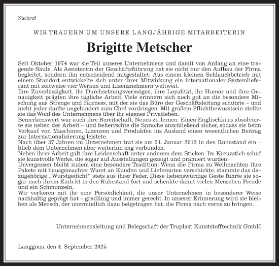 Traueranzeige von Brigitte Metscher von Wetterauer Zeitung