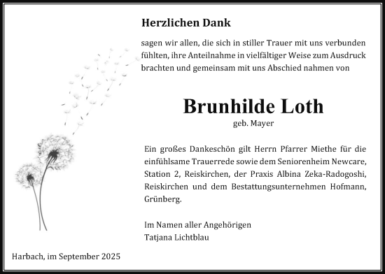 Traueranzeige von Brunhilde Loth von Giessener Anzeiger, Giessener Allgemeine, Alsfelder Allgemeine
