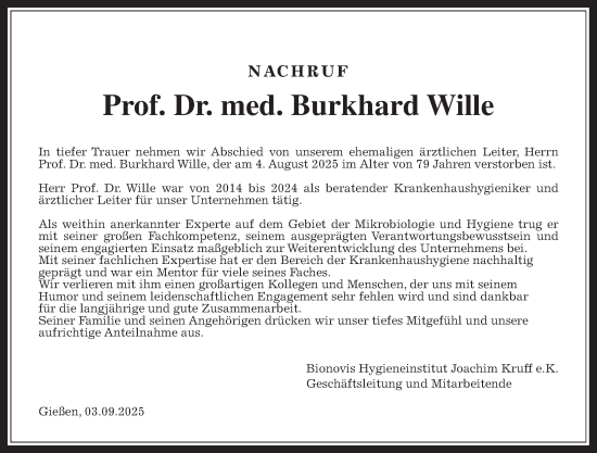 Traueranzeige von Burkhard Wille von Giessener Allgemeine, Alsfelder Allgemeine