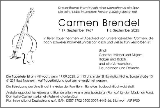 Traueranzeige von Carmen Brendel von Wetterauer Zeitung
