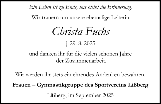 Traueranzeige von Christa Fuchs von Kreis-Anzeiger