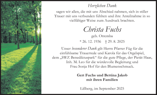 Traueranzeige von Christa Fuchs von Kreis-Anzeiger