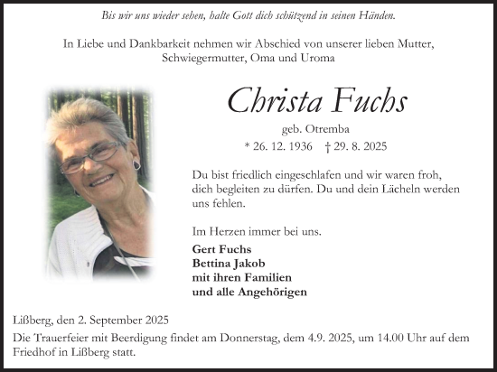 Traueranzeige von Christa Fuchs von Kreis-Anzeiger