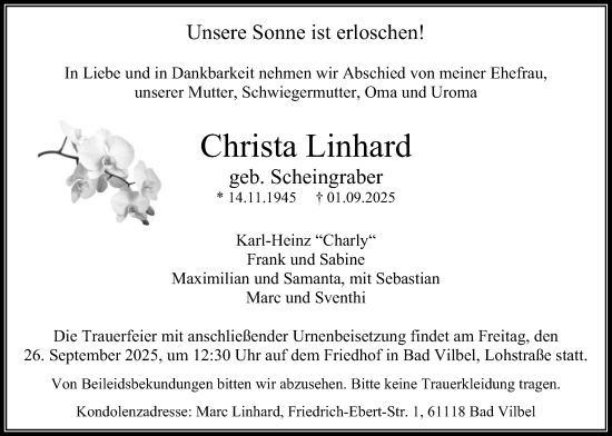 Traueranzeige von Christa Linhard von Bad Vilbel/Karben