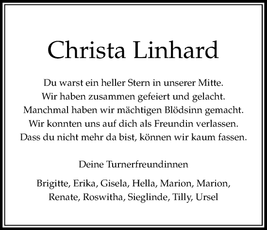 Traueranzeige von Christa Linhard von Bad Vilbel/Karben
