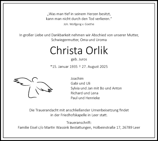 Traueranzeige von Christa Orlik von Giessener Anzeiger